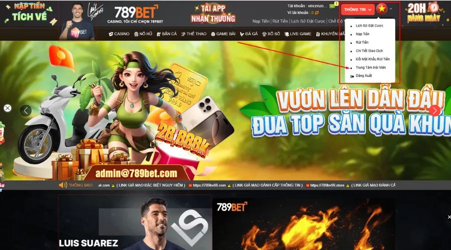 Người chơi truy cập trung tâm hội viên tại trang chủ để thay đổi mật khẩu